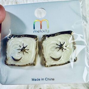 Melody Sun and Moon White Enamel Gold Tone Stud Earrings